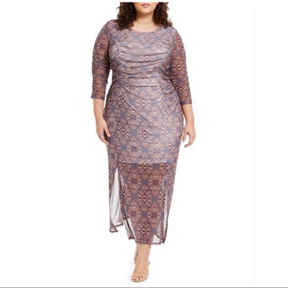 NY Collection Dress Plus Size Women Purple Paisley Gathered Double Slits - Picture 1 of 8